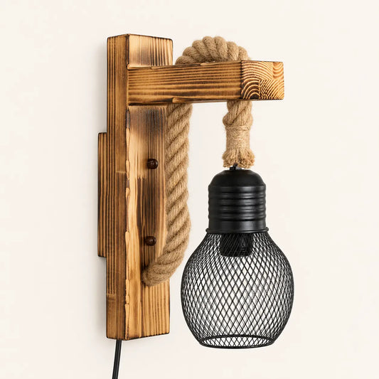 Applique Murale Corde Chanvre Bois E27 avec Prise